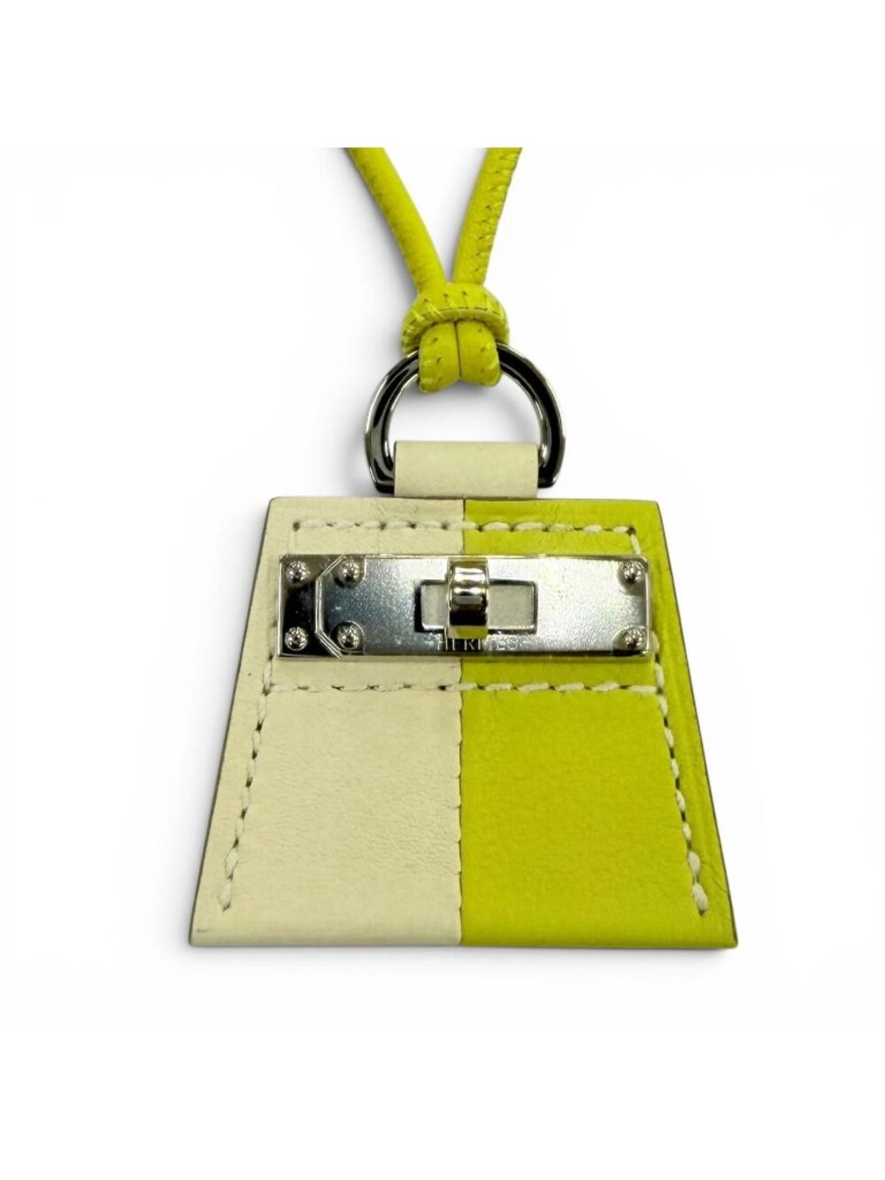 Hermes Mon Petit Kelly Necklace Leather Lime Craie Silver